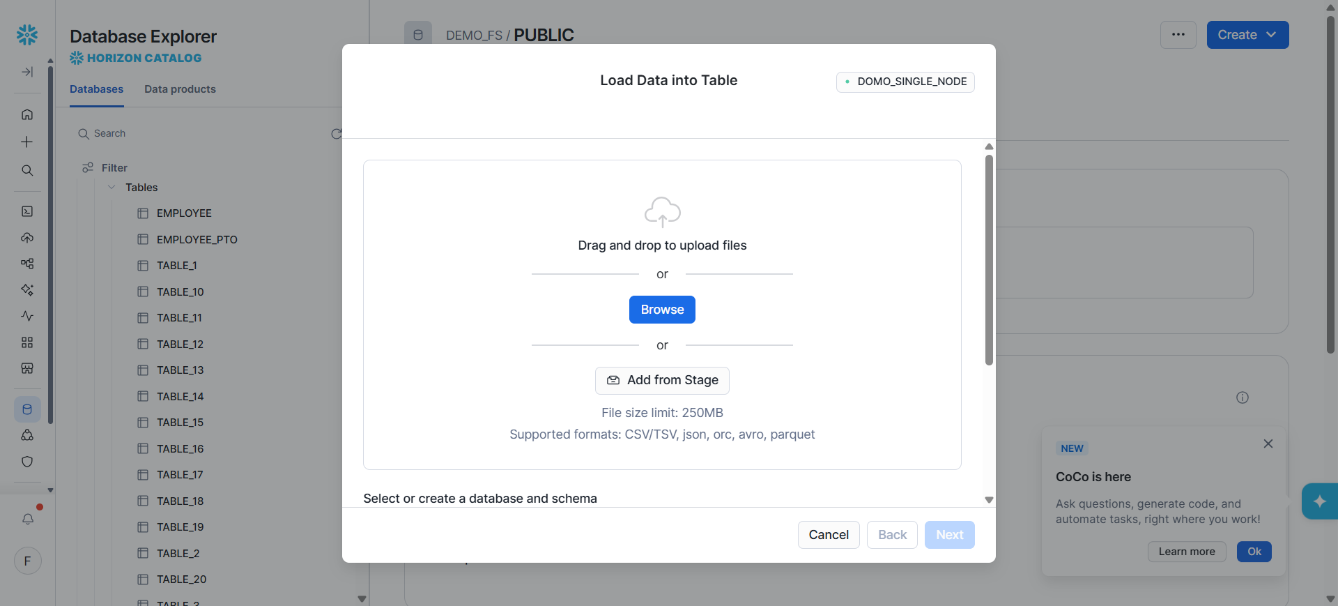 Load Data into Table dialog in Snowflake for uploading the generated CSV