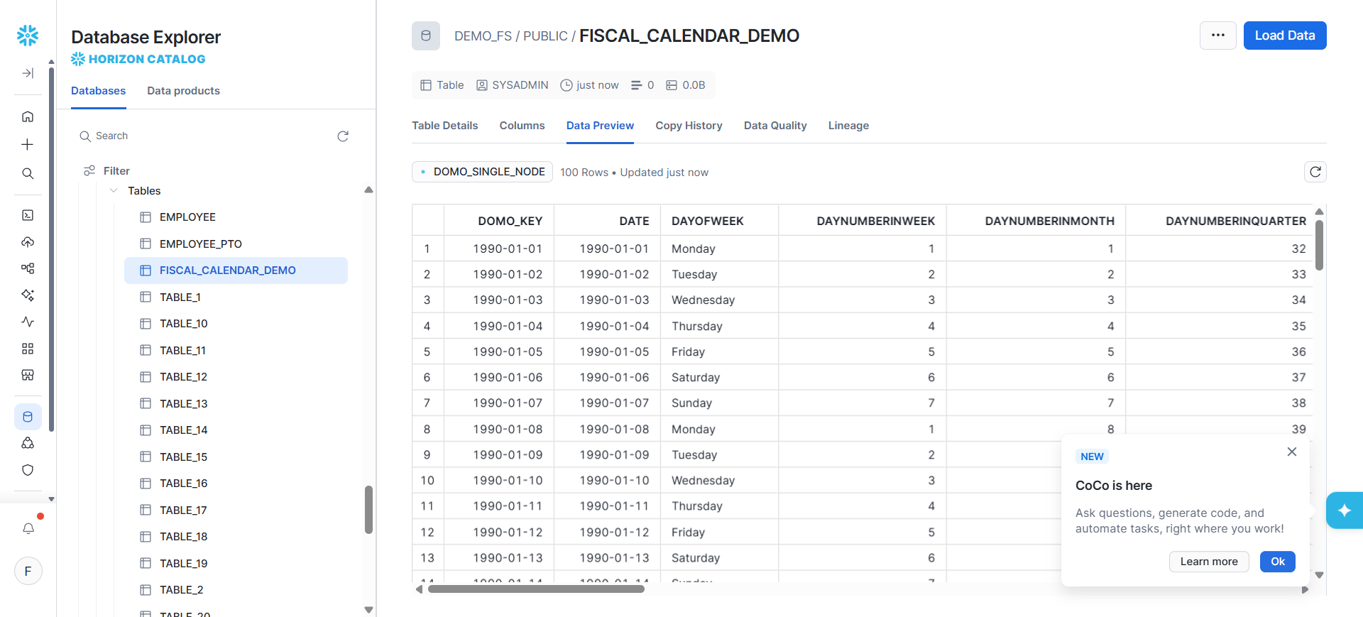 Fiscal calendar table loaded into Snowflake with a data preview