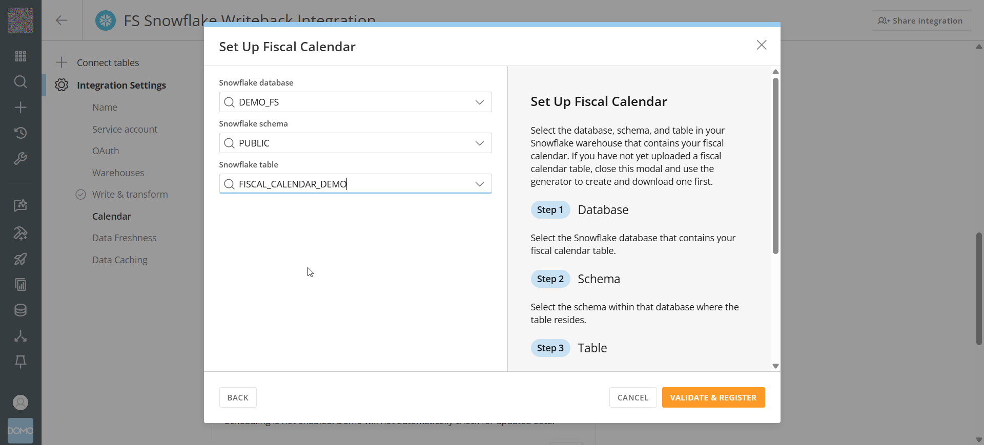 Set Up Fiscal Calendar modal with database, schema, and table selected