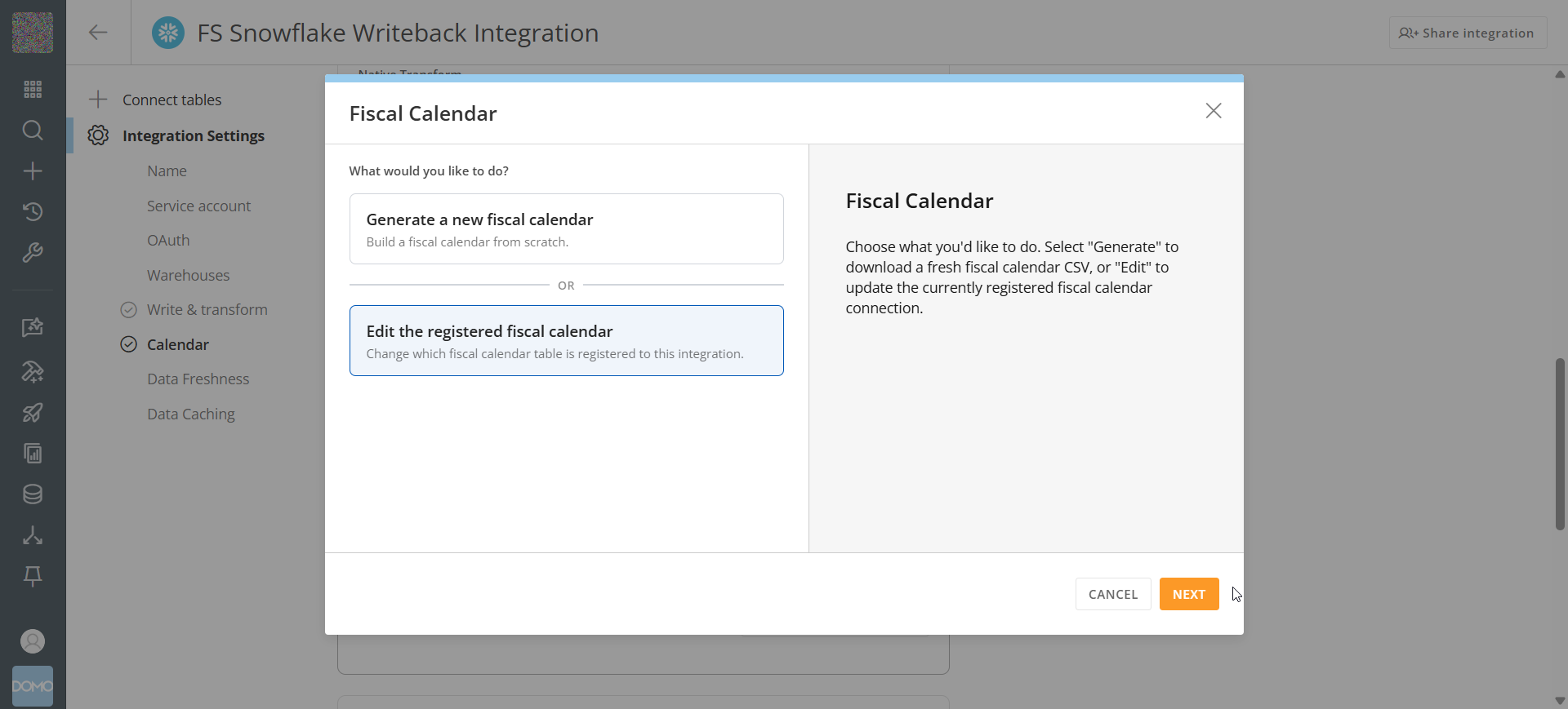 Fiscal Calendar modal with Edit the registered fiscal calendar option selected