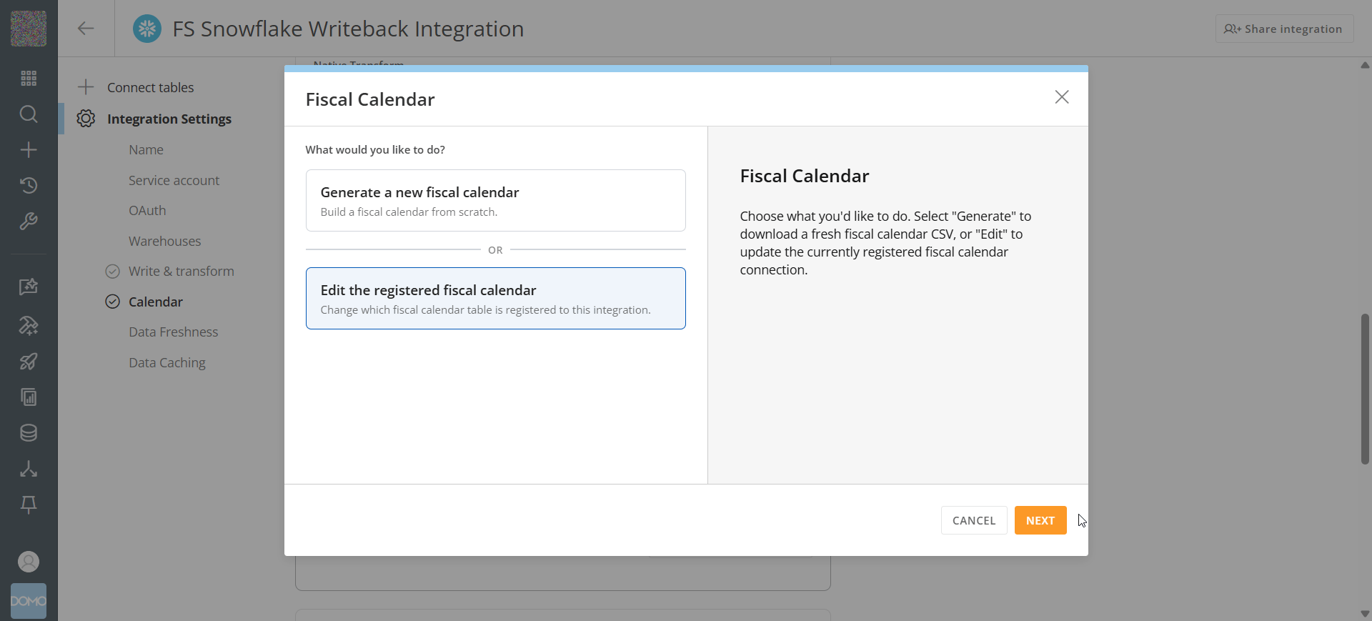 Fiscal Calendar modal with Edit the registered fiscal calendar option selected