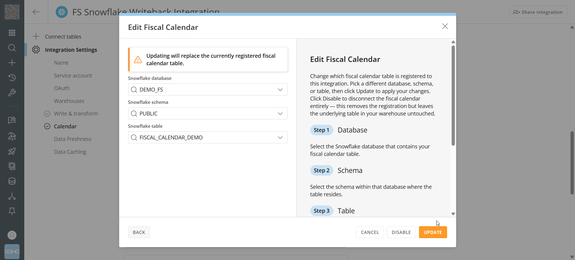Edit Fiscal Calendar modal with Update and Disable buttons
