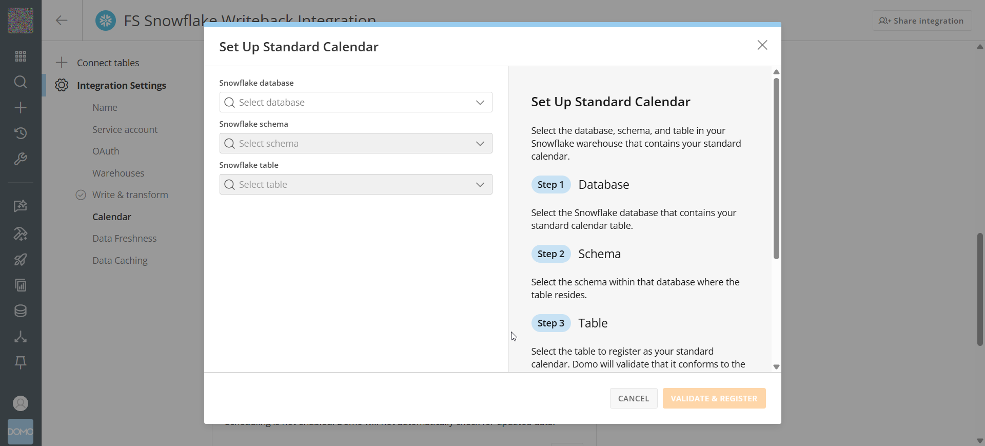 Set Up Standard Calendar modal with database, schema, and table pickers