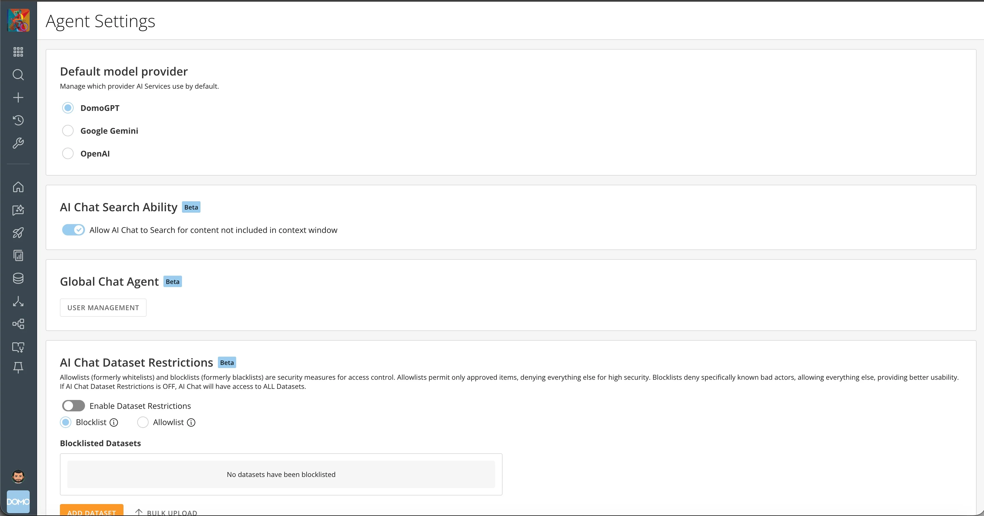 AI Agent Settings page in the Admin Settings