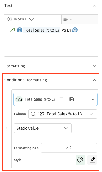 The Conditional formatting section on a Pill widget, used for Pill color and outline.