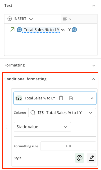 The Conditional formatting section on a Pill widget, used for Pill color and outline.