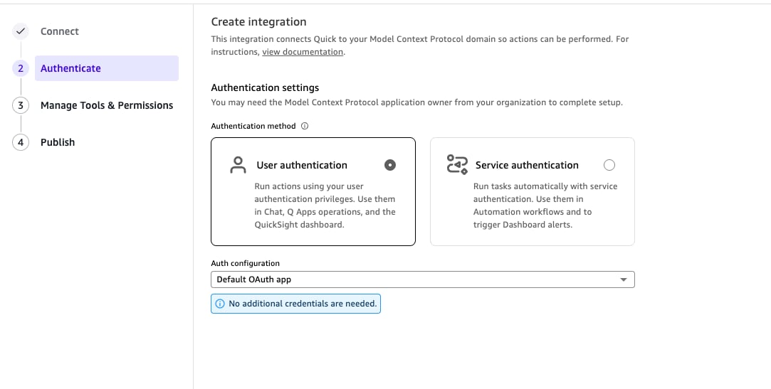 Amazon Quick Authenticate step showing User authentication selected and Auth configuration set to Default OAuth app