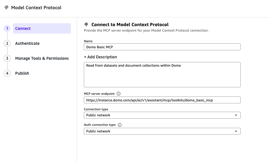 Amazon Quick Connect to Model Context Protocol step with Name, Description, and MCP server endpoint fields filled in
