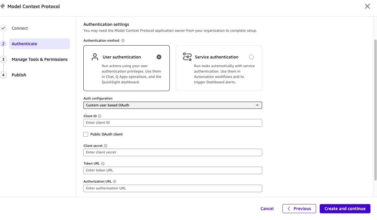 Amazon Quick Custom user based OAuth fields including Client ID, Client secret, Token URL, and Authorization URL