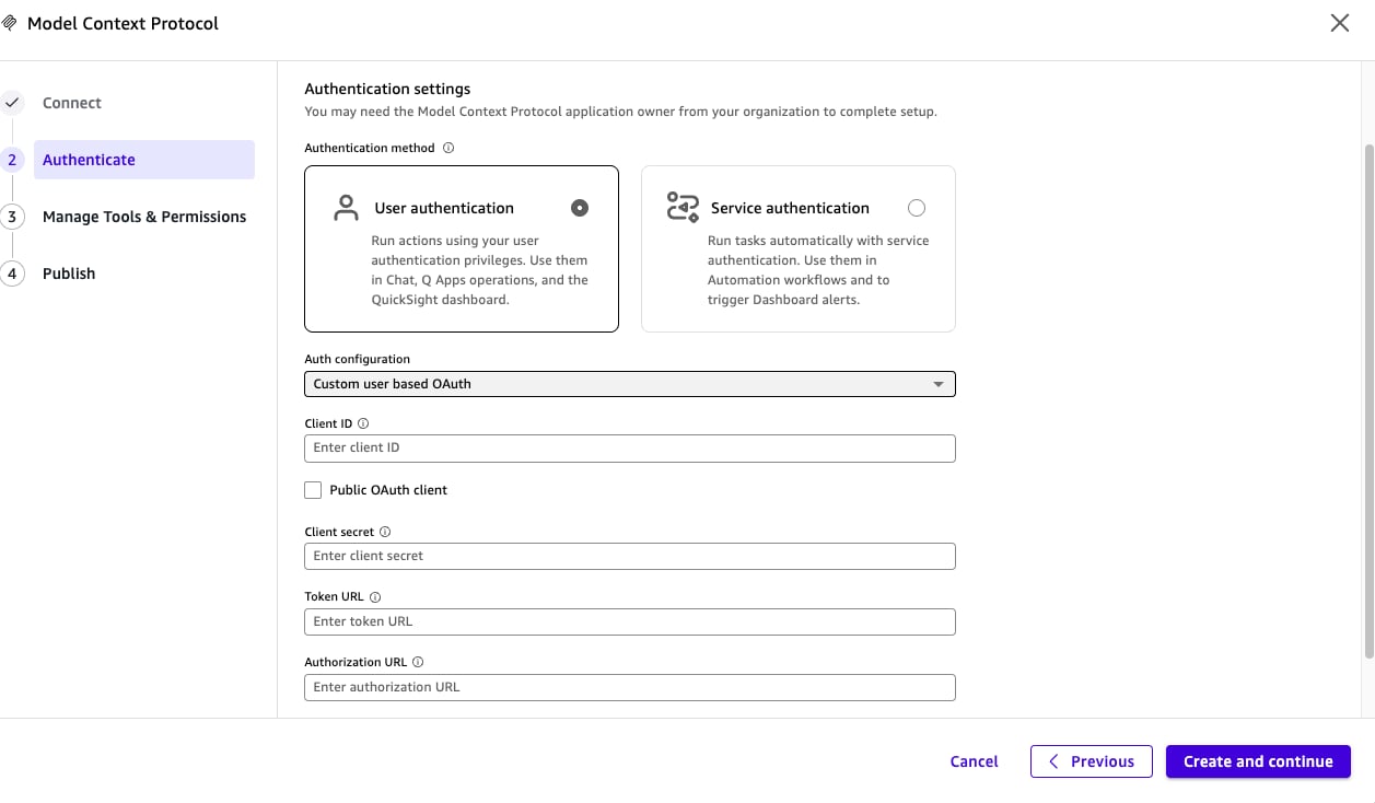 Amazon Quick Custom user based OAuth fields including Client ID, Client secret, Token URL, and Authorization URL
