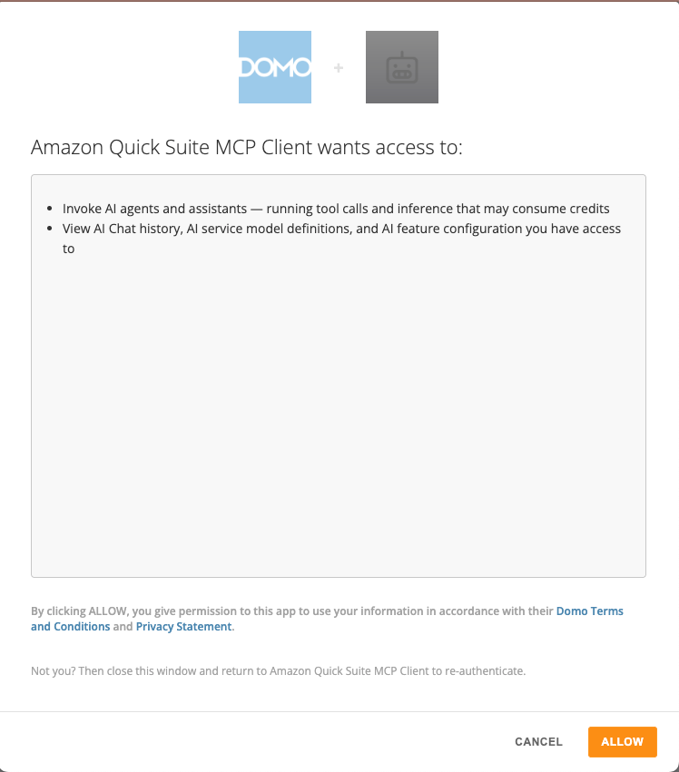 Domo OAuth consent screen for Amazon Quick Suite MCP Client with an Allow button