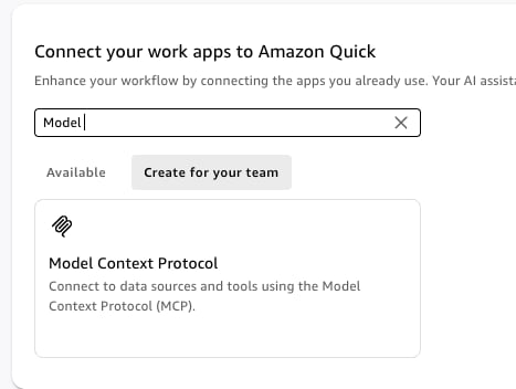Amazon Quick Connect your work apps search showing the Model Context Protocol result