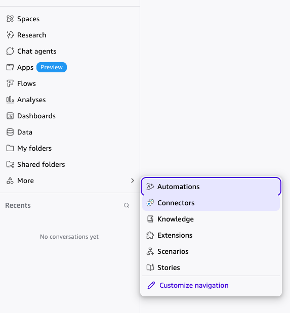 Amazon Quick left navigation with More menu expanded to show Automations and Connectors