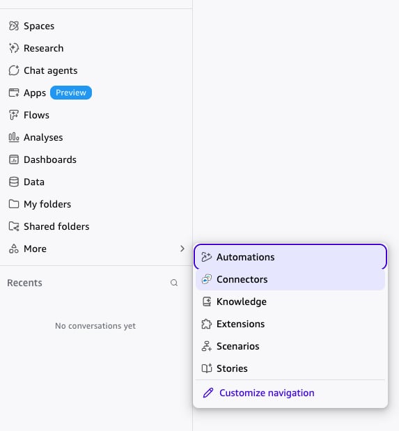 Amazon Quick left navigation with More menu expanded to show Automations and Connectors