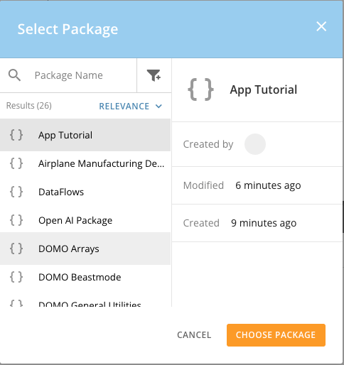 Select package modal showing a list of packages to choose from