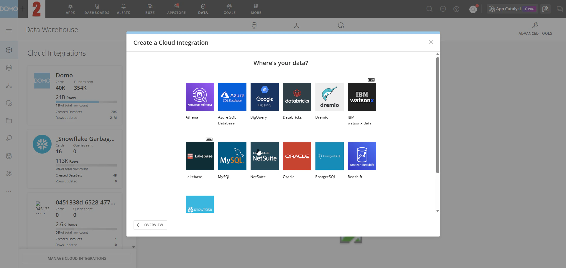 The Create a Cloud Integration modal showing all available provider tiles