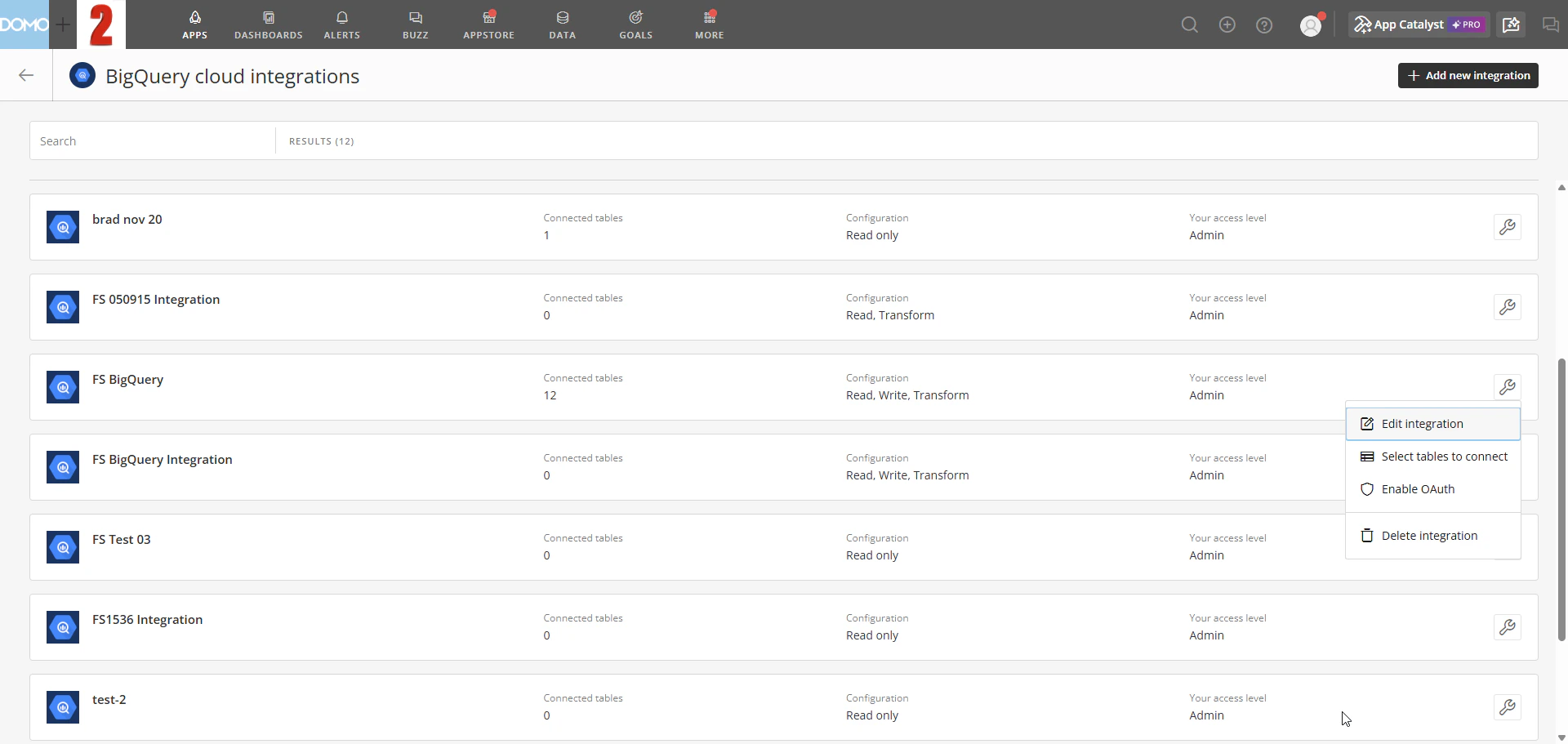 Integration list with wrench menu open