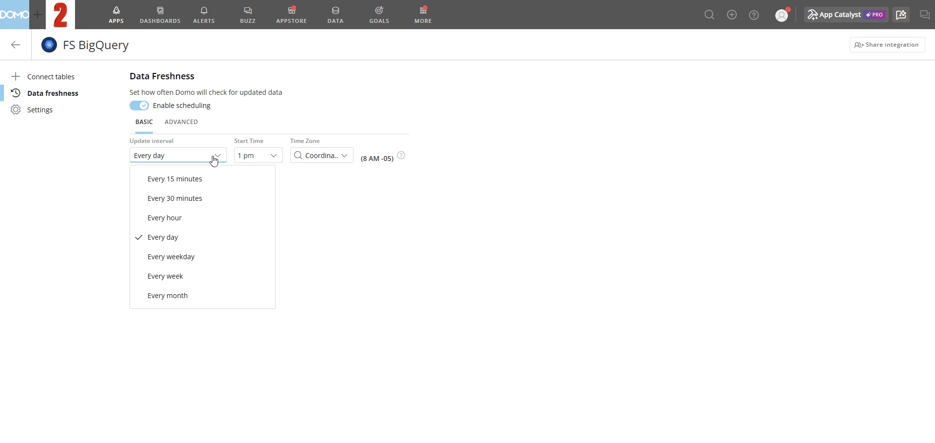 Basic tab with the update interval dropdown open