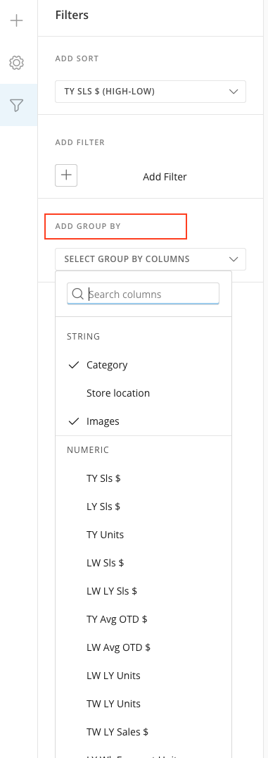The Group by option under the filter icon in the left pane.