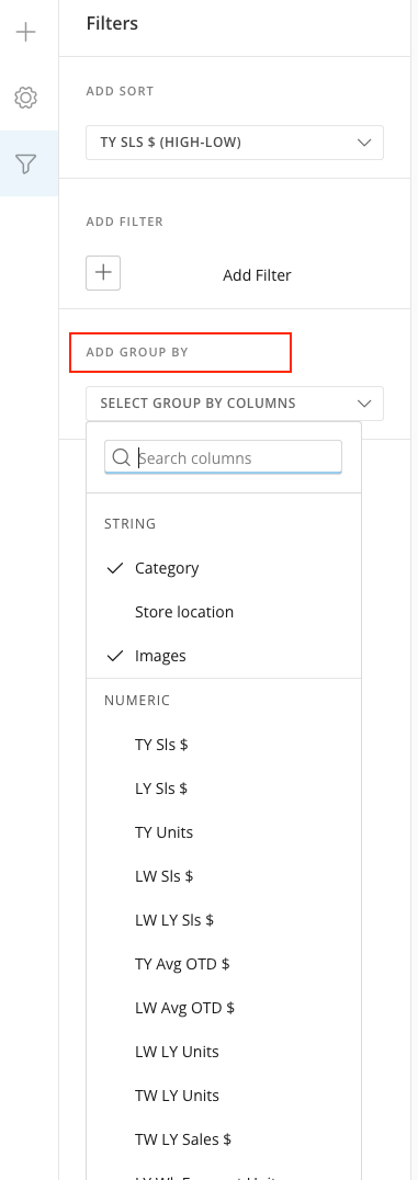 The Group by option under the filter icon in the left pane.