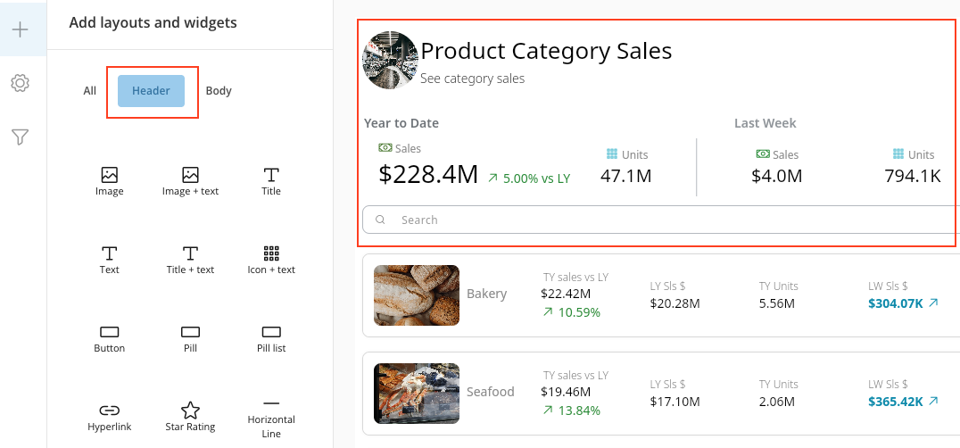 A component header with KPIs and the Search and Sort buttons.