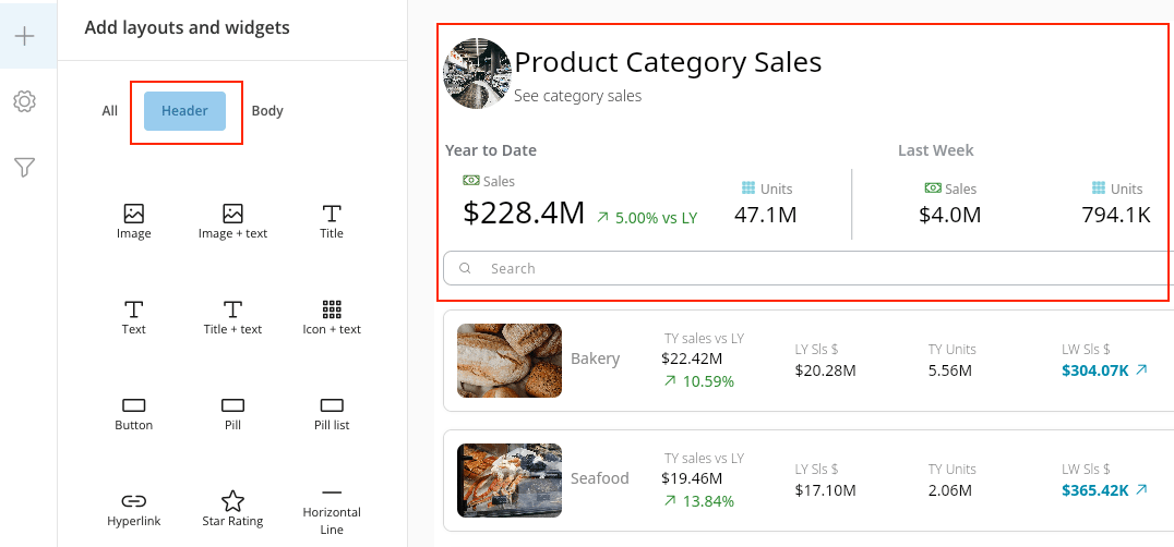 A component header with KPIs and the Search and Sort buttons.