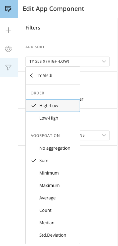 Selecting the aggregation and sort order for a grouped component.