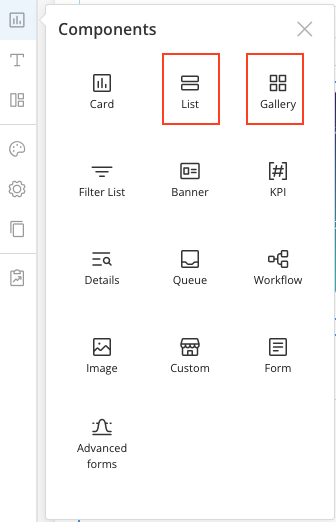The Components pane with the app component templates.