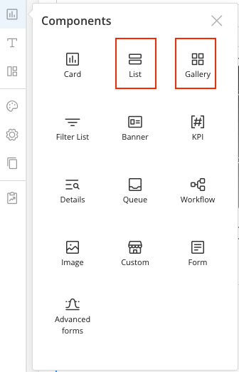 The Components pane with the app component templates.
