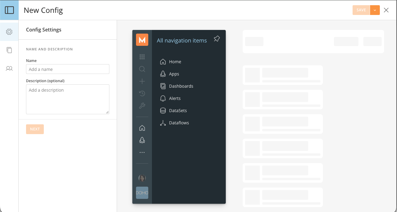 Config Settings tab with Name and Description fields