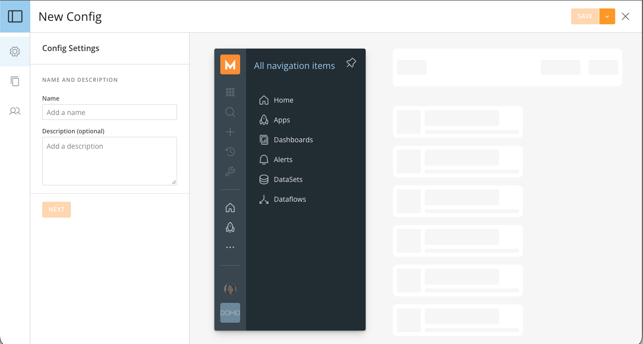 Config Settings tab with Name and Description fields