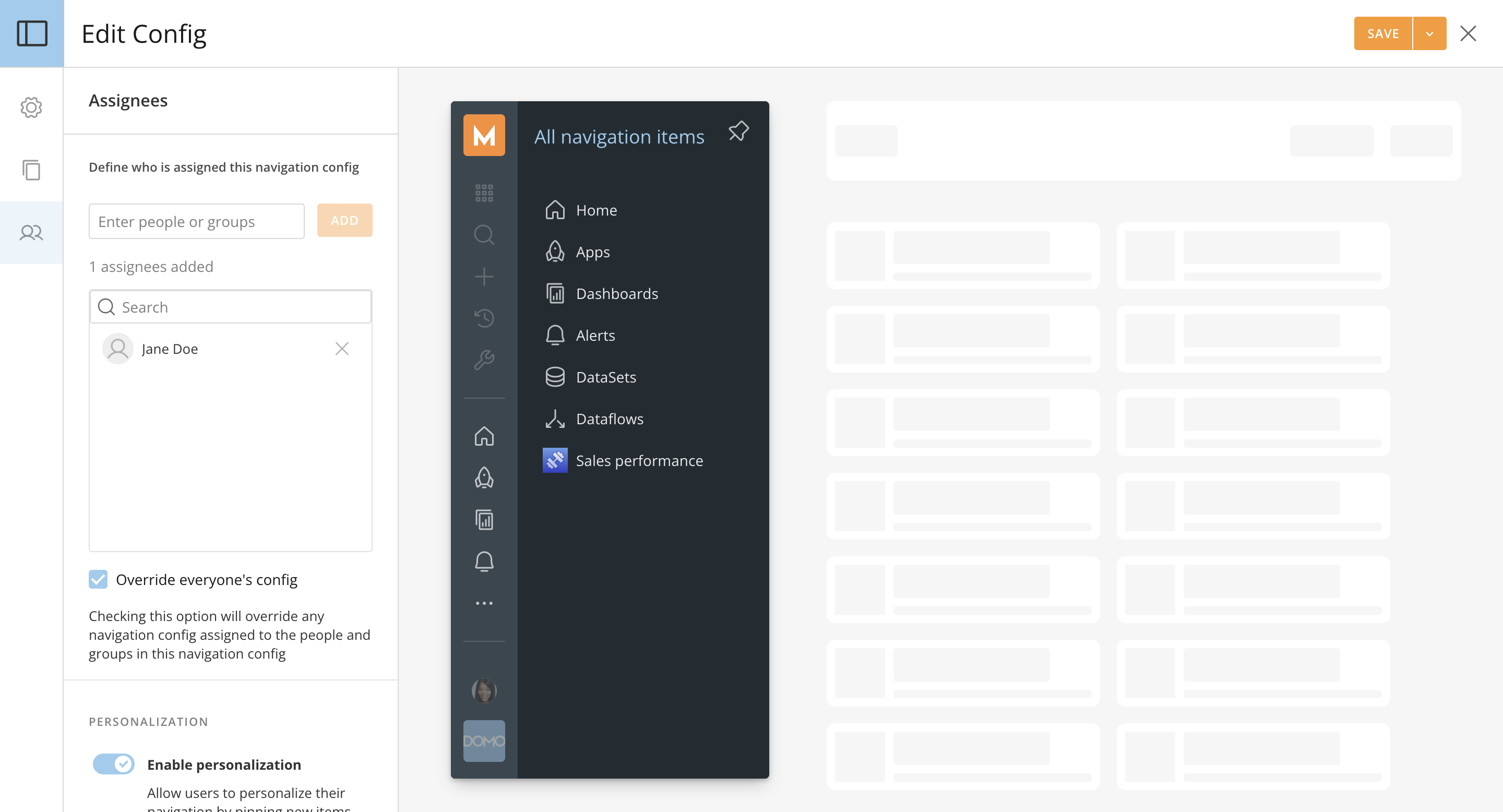 Assignees tab with the people and groups field, assignee list, and Override everyone's config option