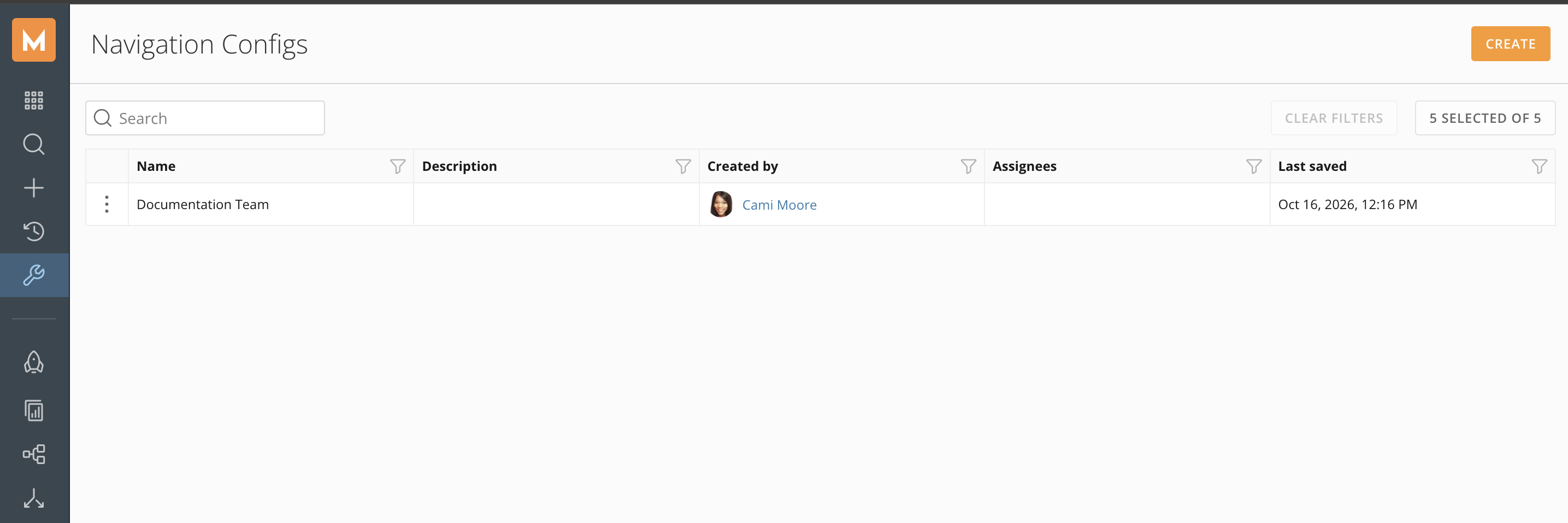 Navigation Configs page listing the configs in an instance