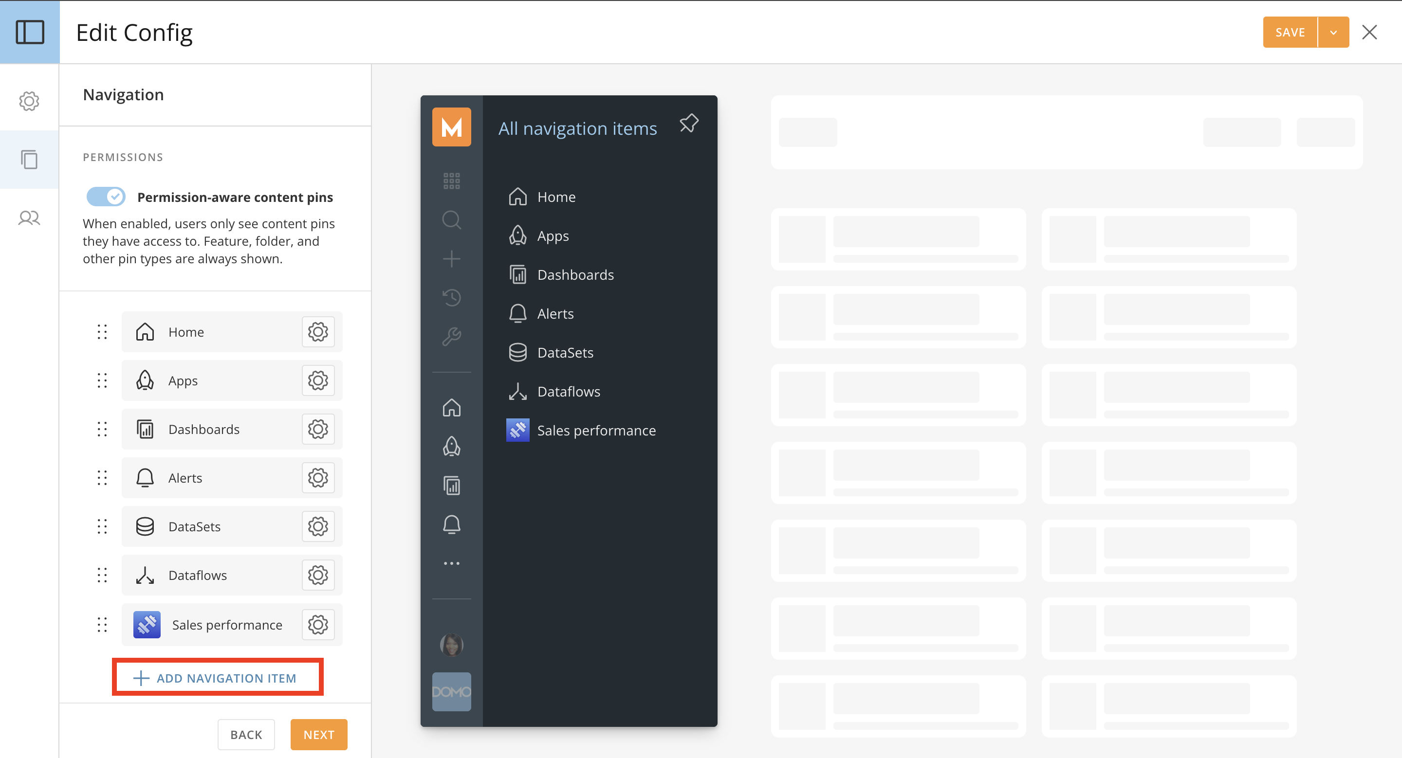 Navigation tab with the Permissions section, navigation items, and Add Navigation Item