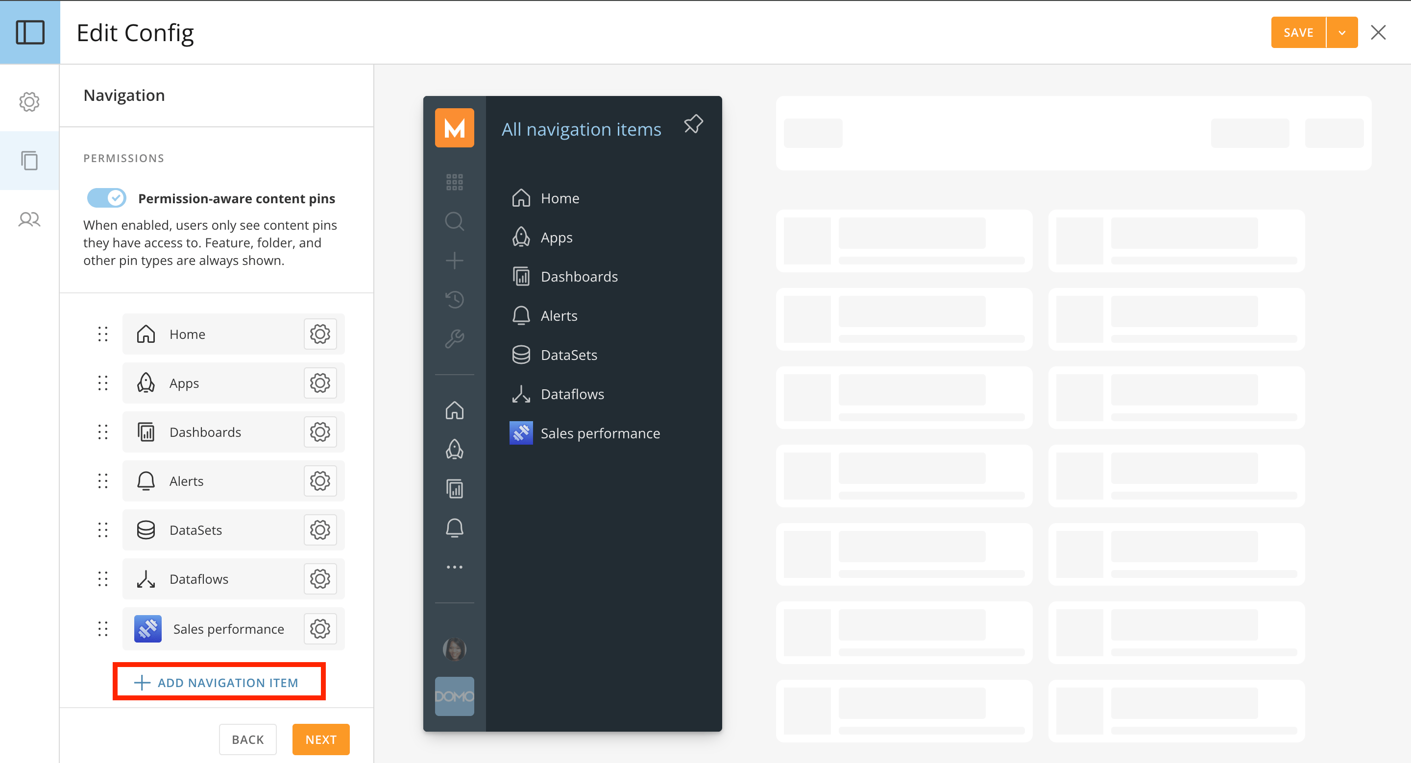Navigation tab with the Permissions section, navigation items, and Add Navigation Item