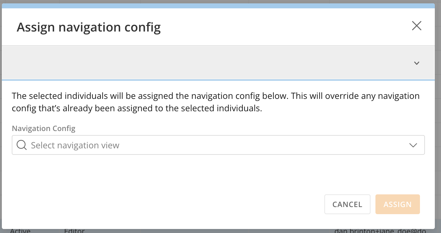 Assign navigation config modal with the Navigation Config field