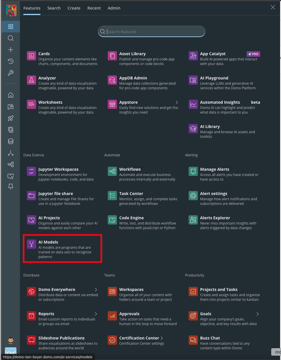AI Models option in the Domo main menu