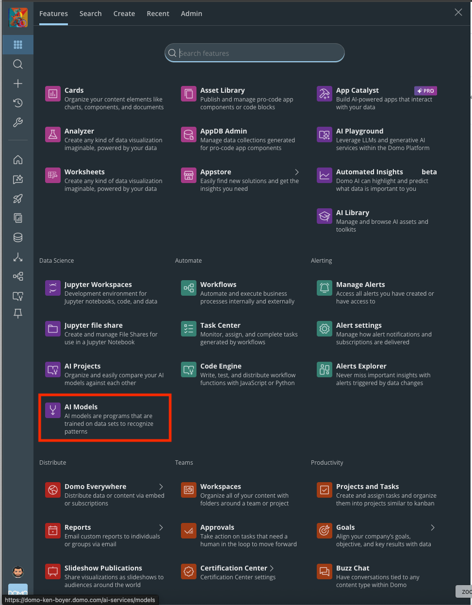 AI Models option in the Domo main menu