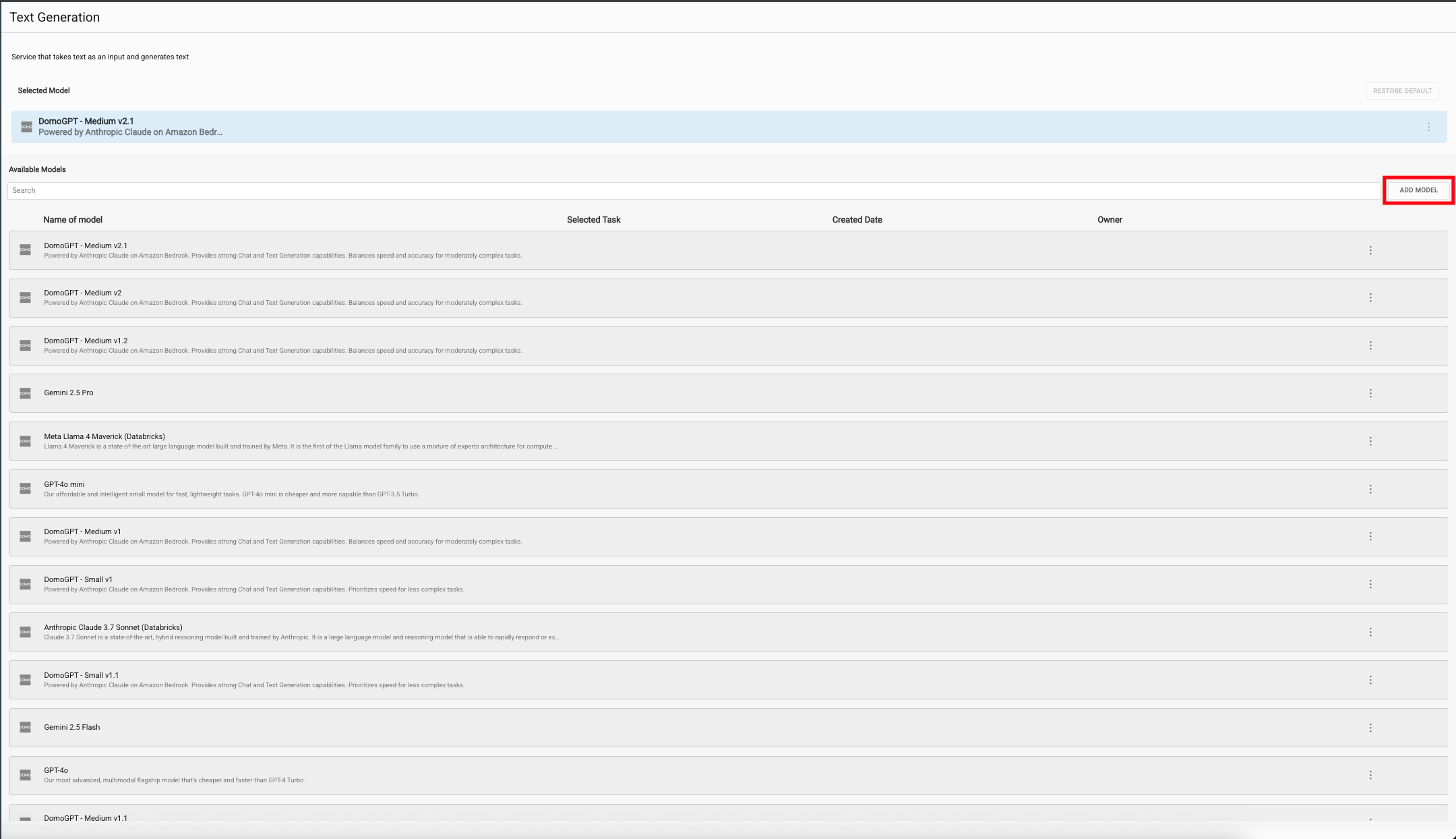 Add Model button on the Text Generation service page