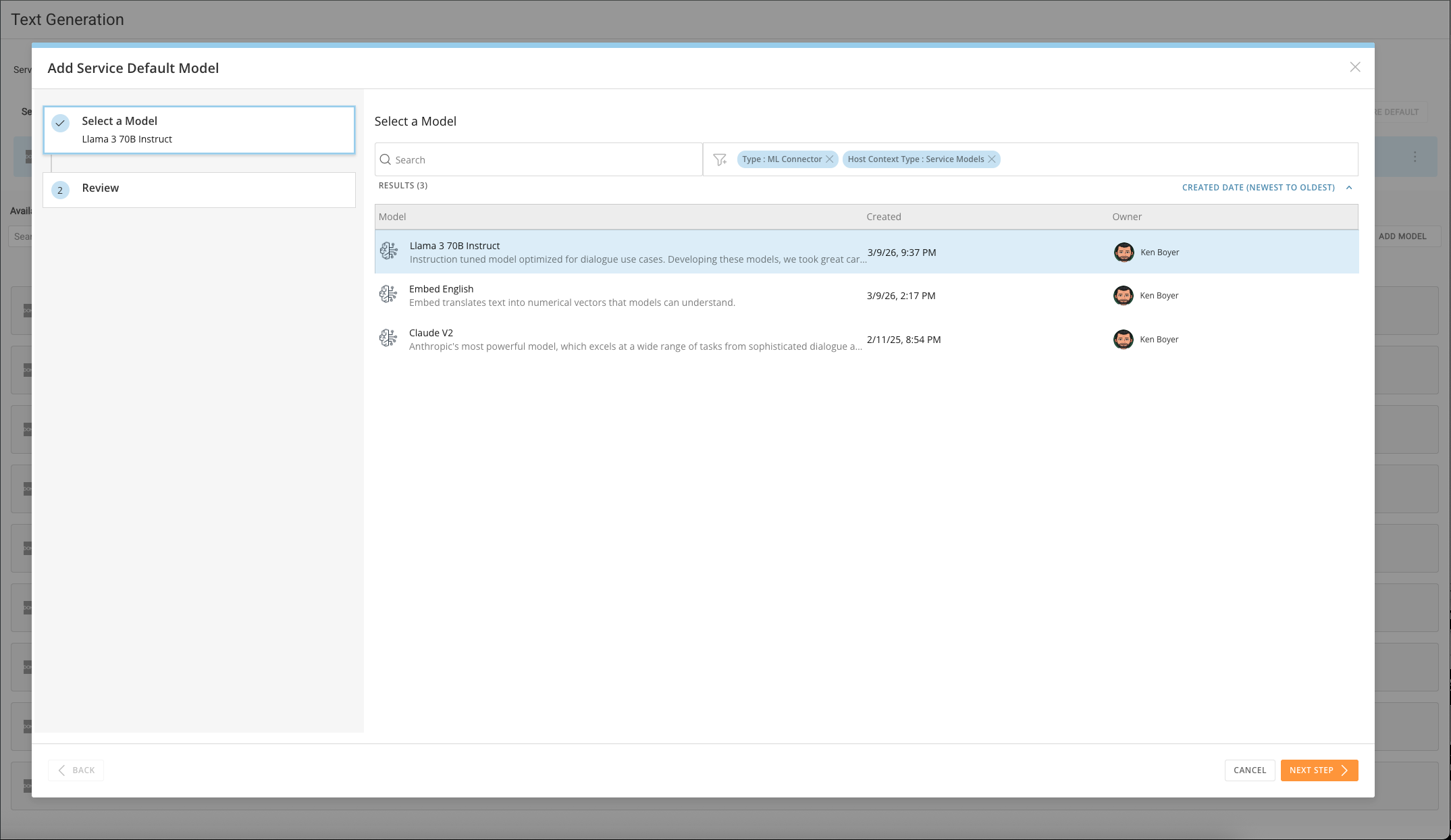 Llama 3 70B Instruct model selected in the Text Generation service