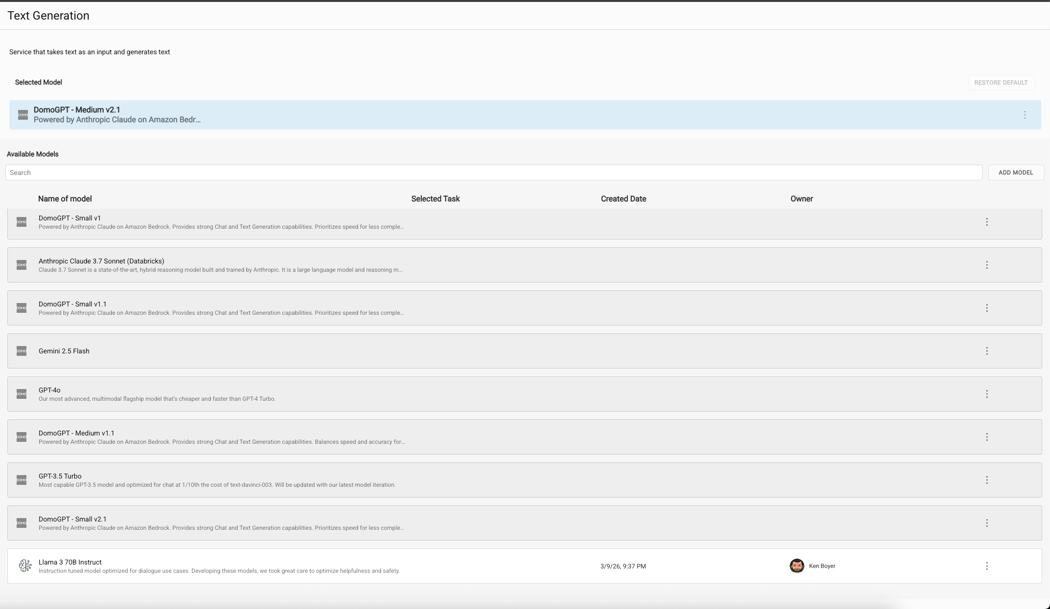 Newly added model listed with default option