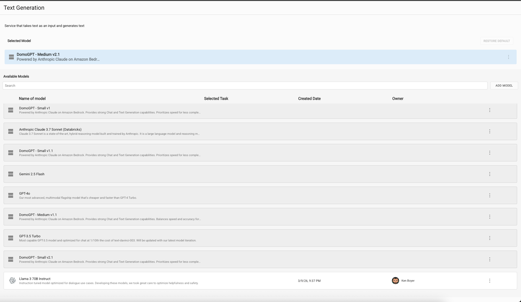 Newly added model listed with default option