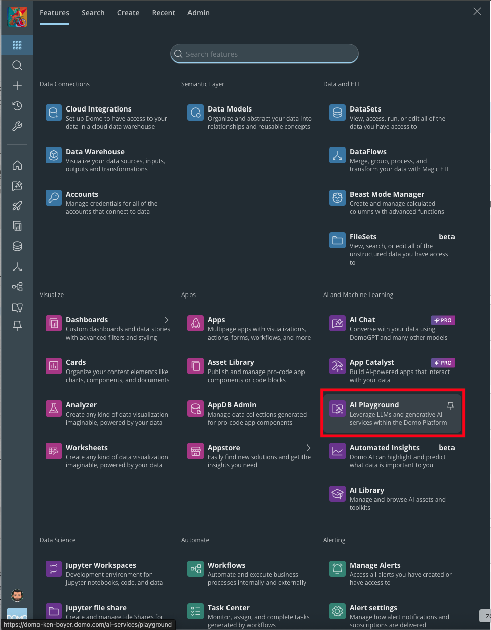 AI Playground option in the Domo main menu