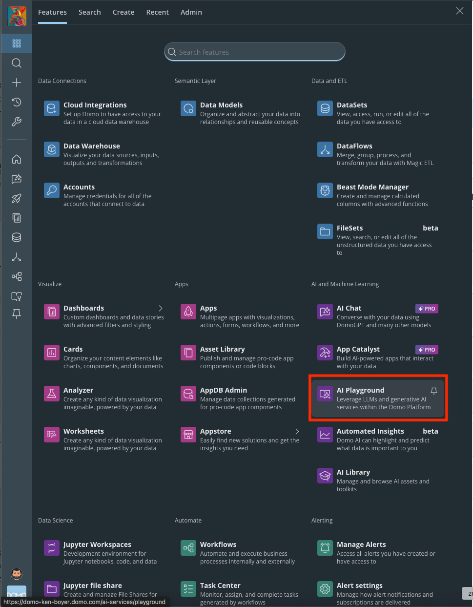 AI Playground option in the Domo main menu