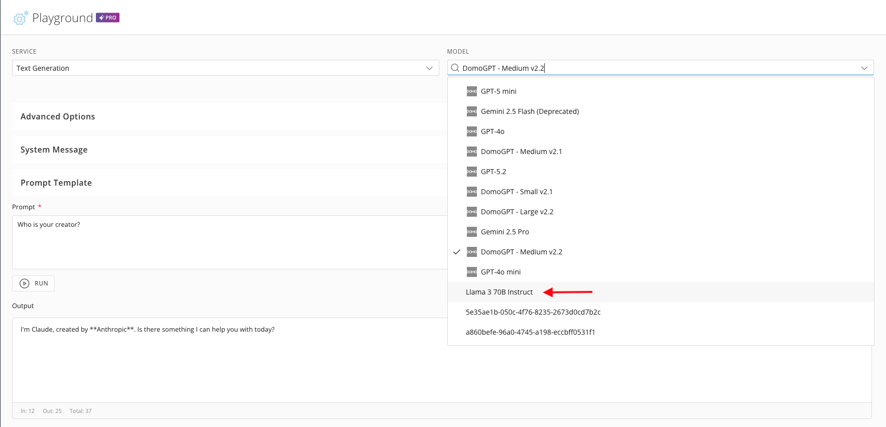 Model dropdown with Llama 3 70B Instruct selected