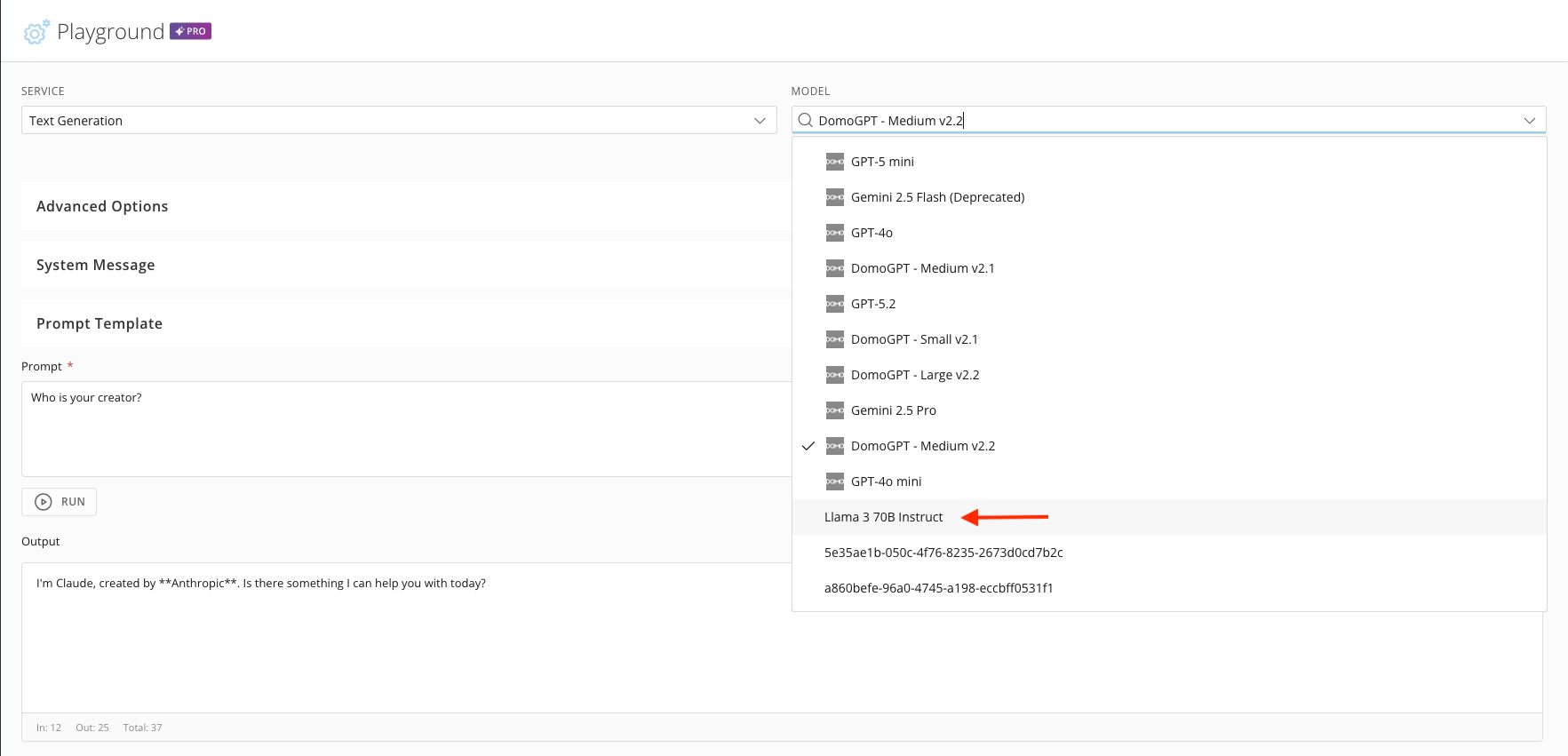 Model dropdown with Llama 3 70B Instruct selected