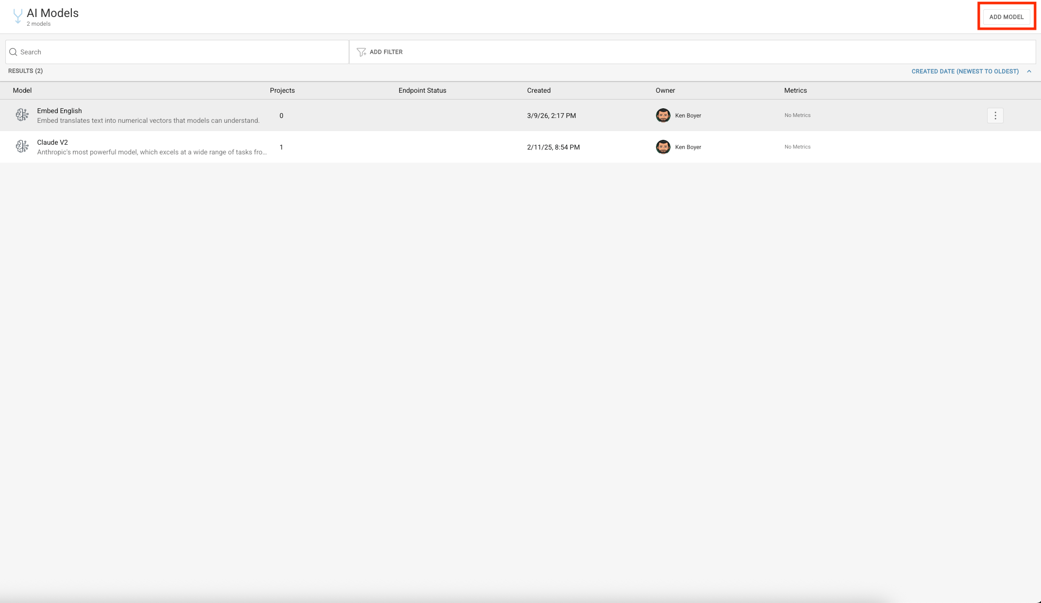 Add Model button on the AI Models page