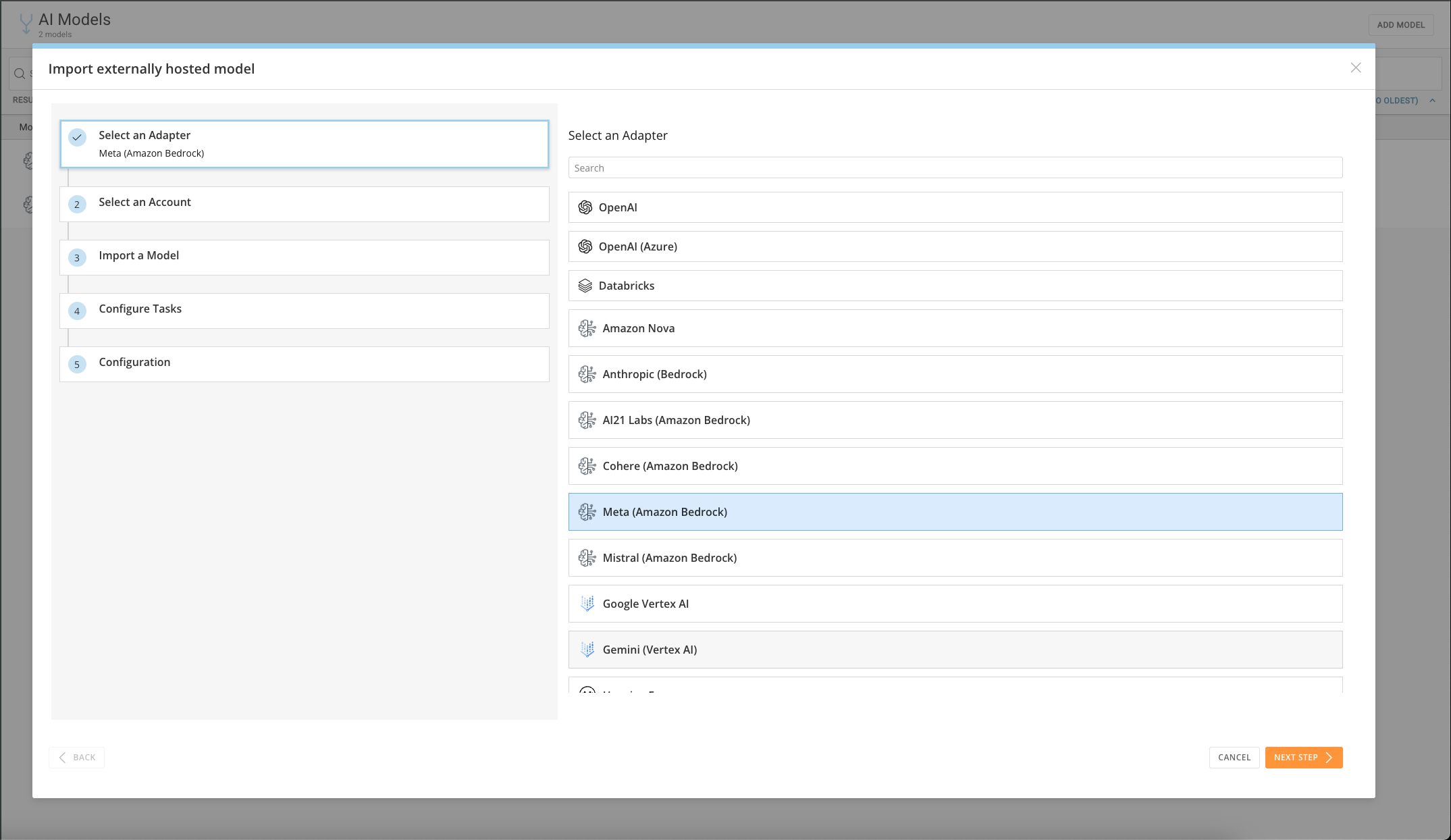 Adapter selection screen with Meta (Amazon Bedrock) selected