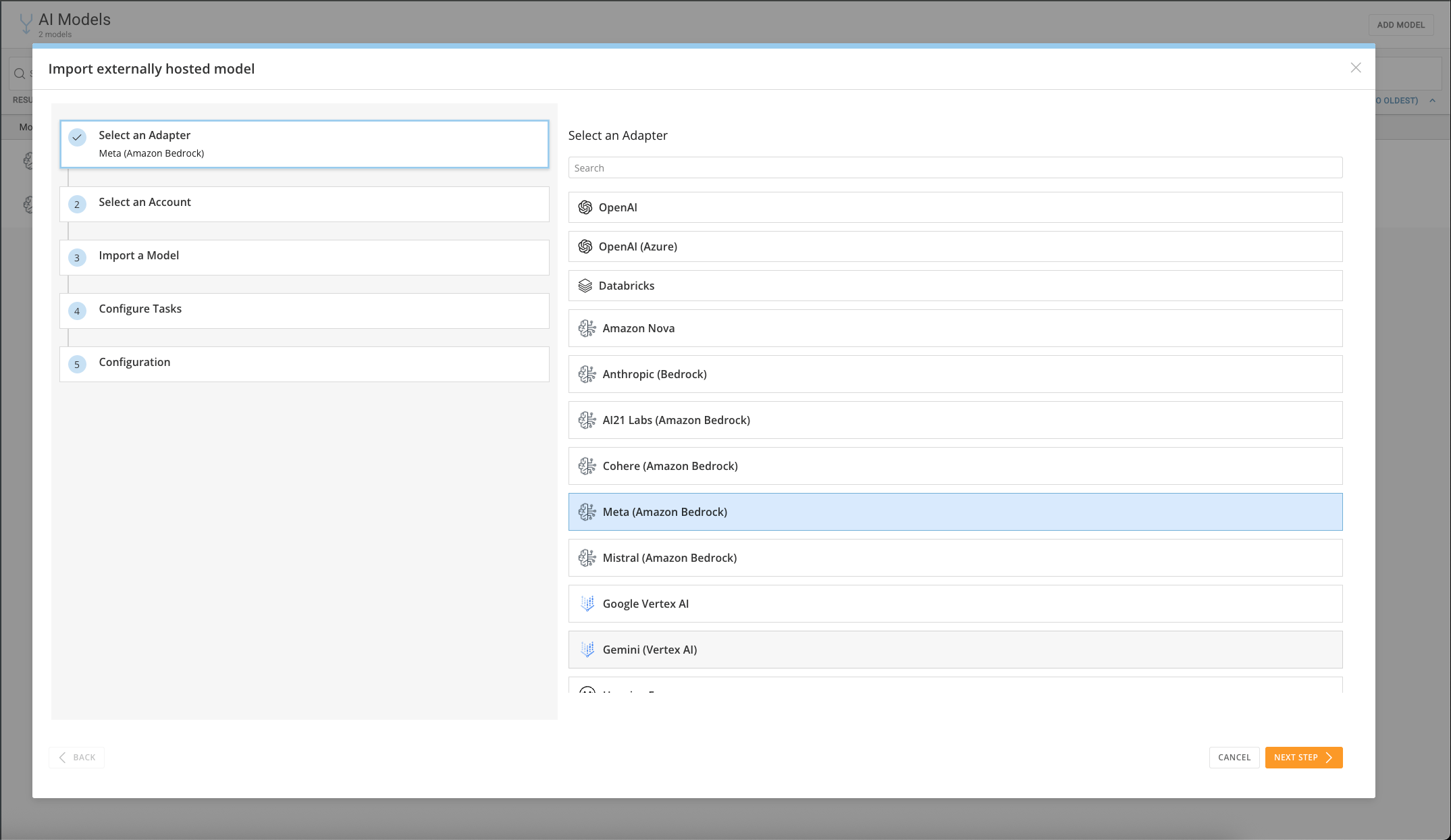 Adapter selection screen with Meta (Amazon Bedrock) selected