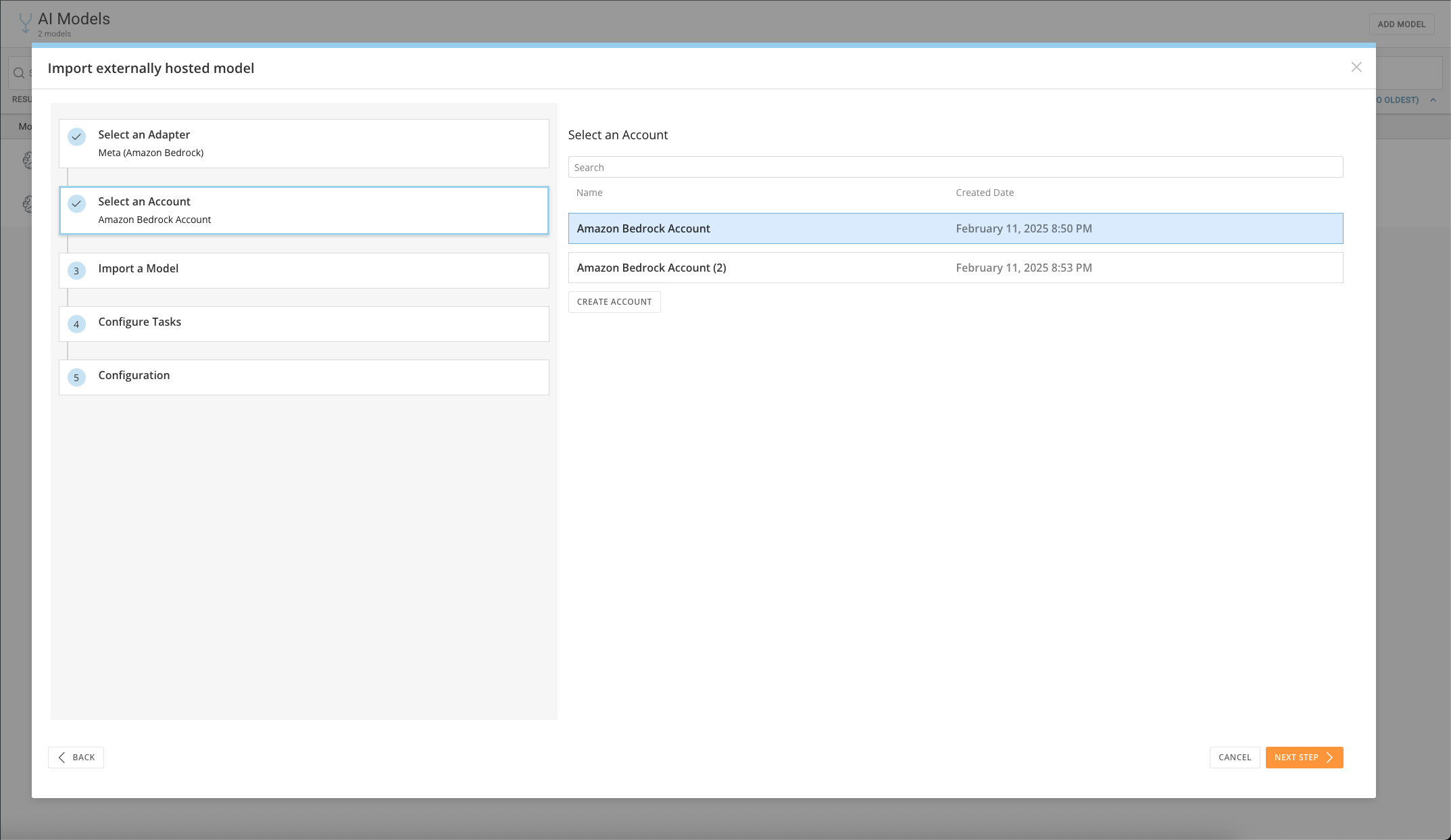 Account selection screen for the model import